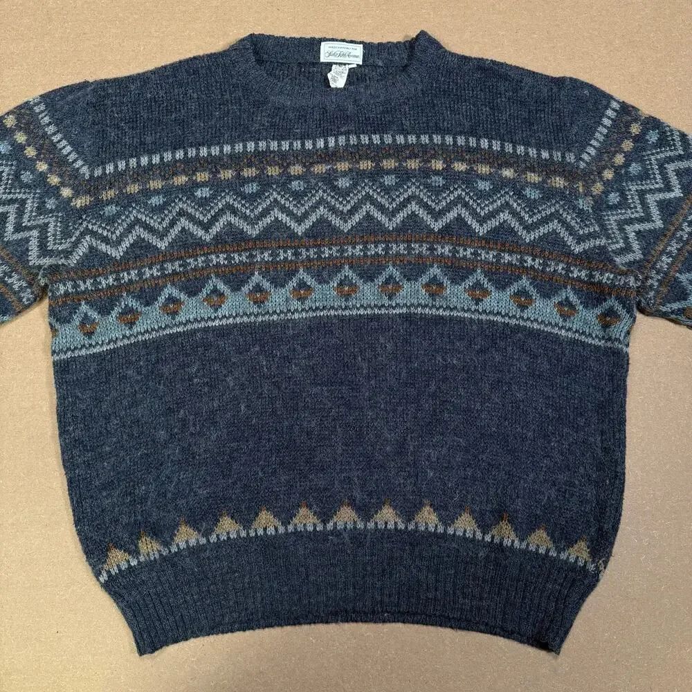 Saks Fifth Avenue Vintage Wool Blend Fair Isle Sweater Made in Italy Blue Mens M